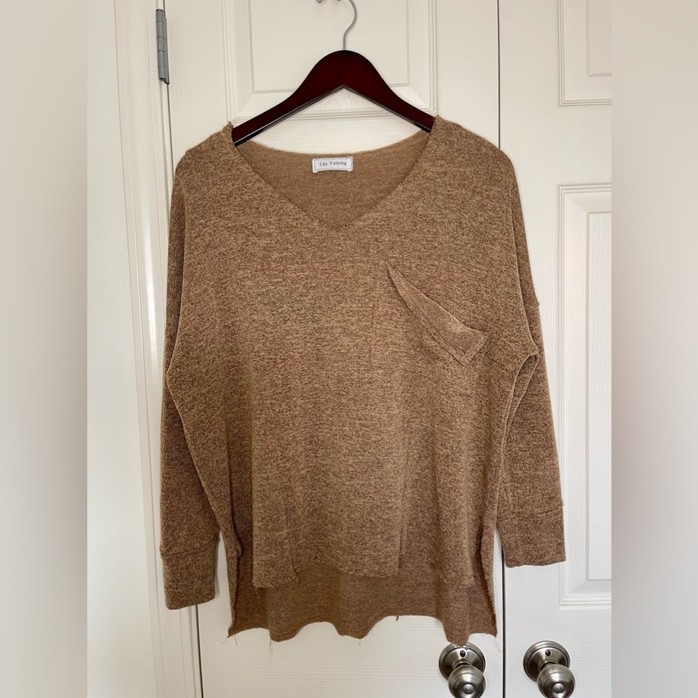 Tan, oversized off the shoulder long sleeve